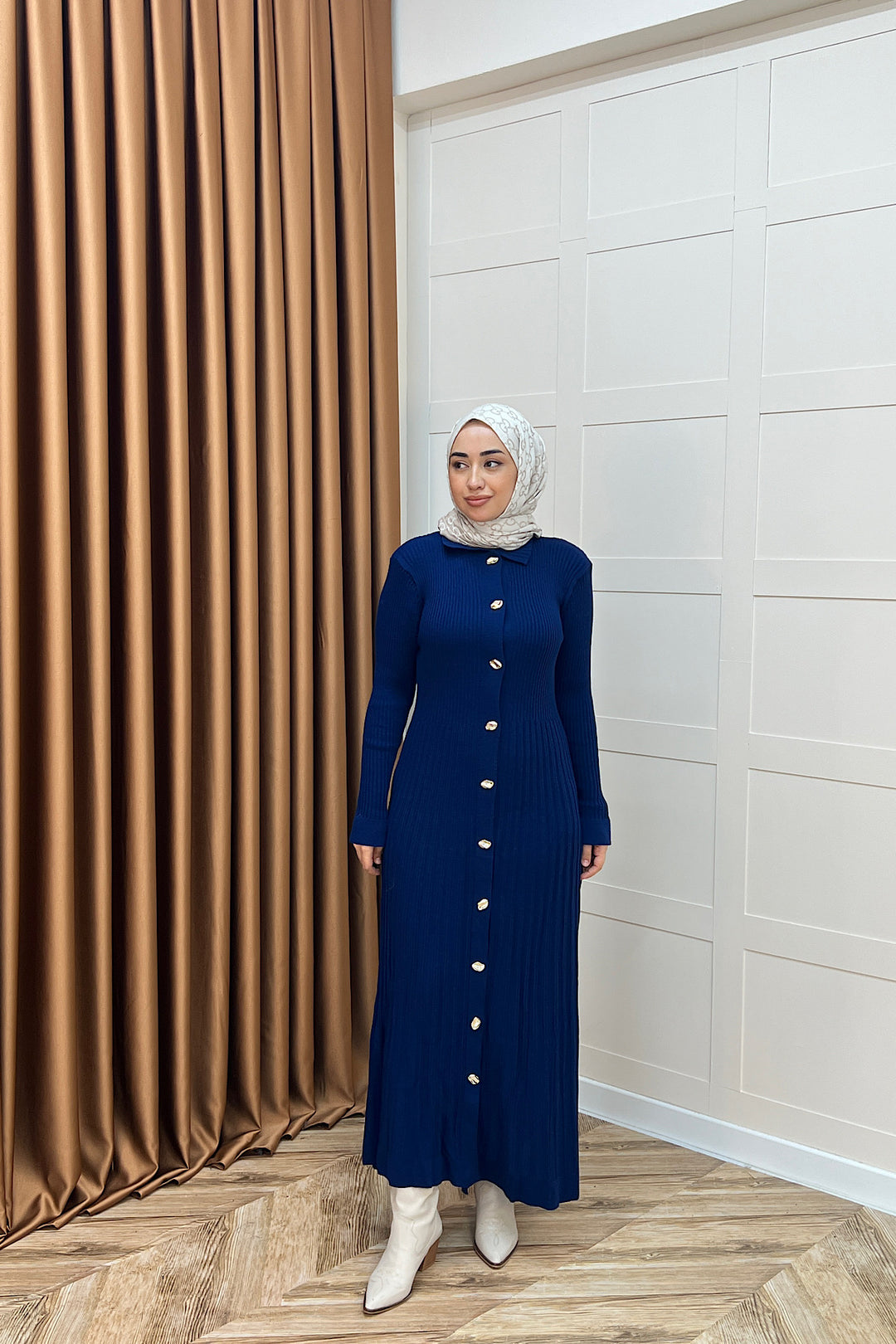 Endam Düğmeli Triko Elbise Lacivert 10201-LACIVERT