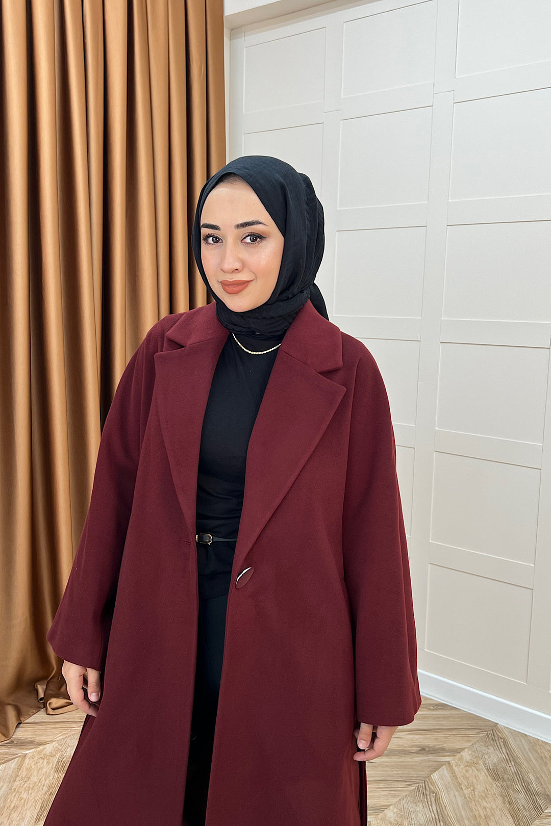 Yıldız Premium Kumaş Kuşaklı Kaban Bordo 5515-BORDO