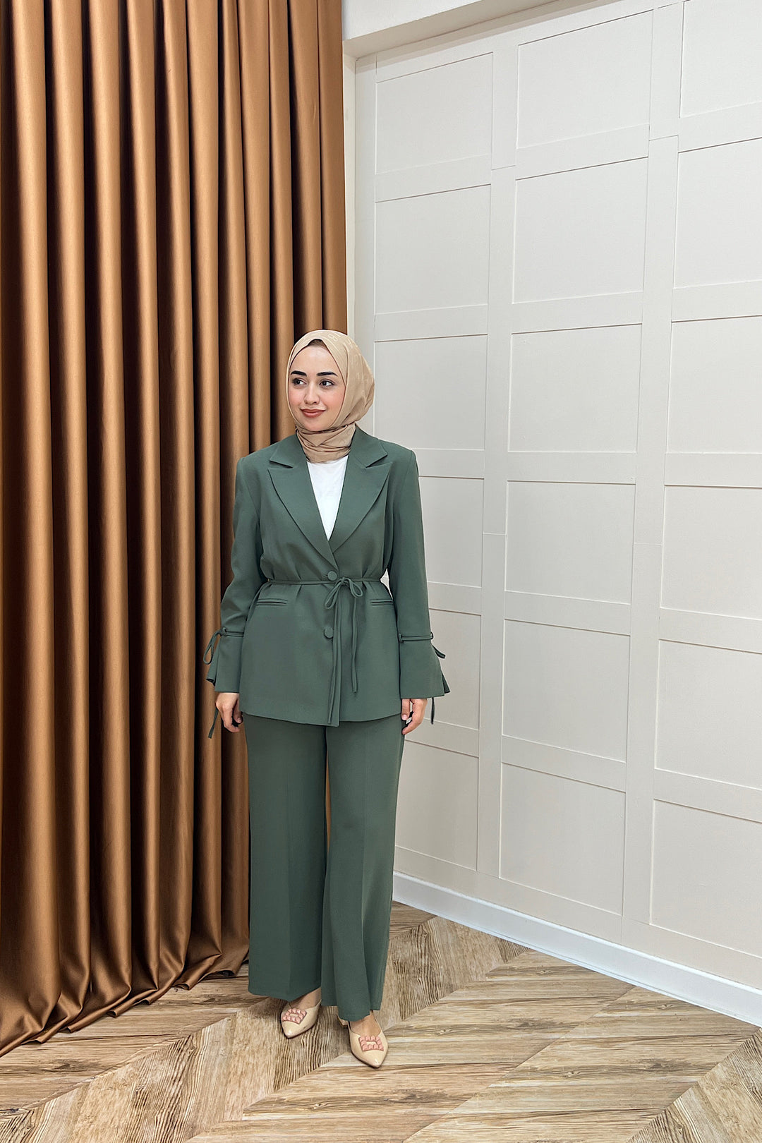 Kuşak Detay Ceket Takım Yeşil 5004-YESIL