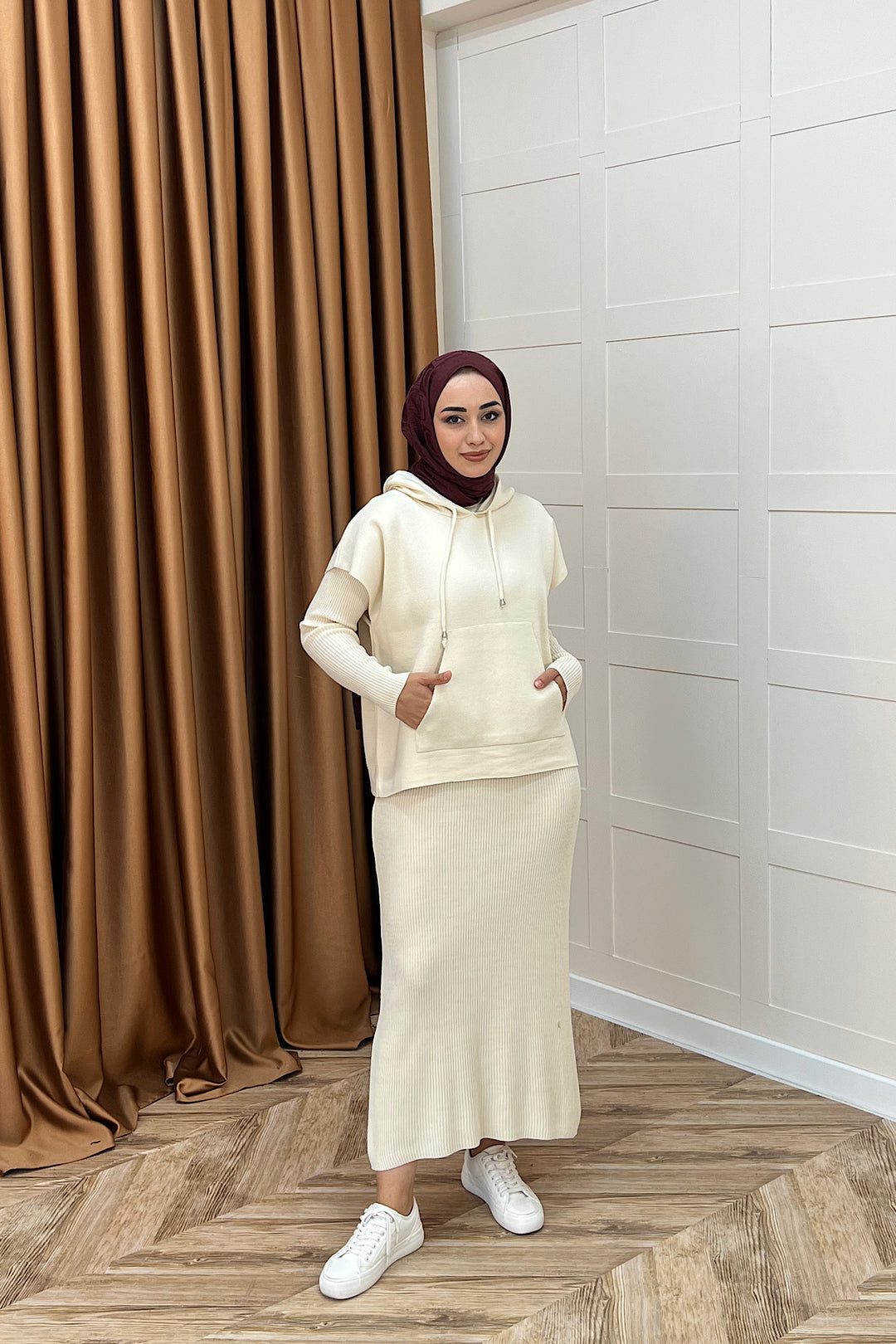 Üst Kapüşonlu İkili Triko Elbise Krem 25290-KREM