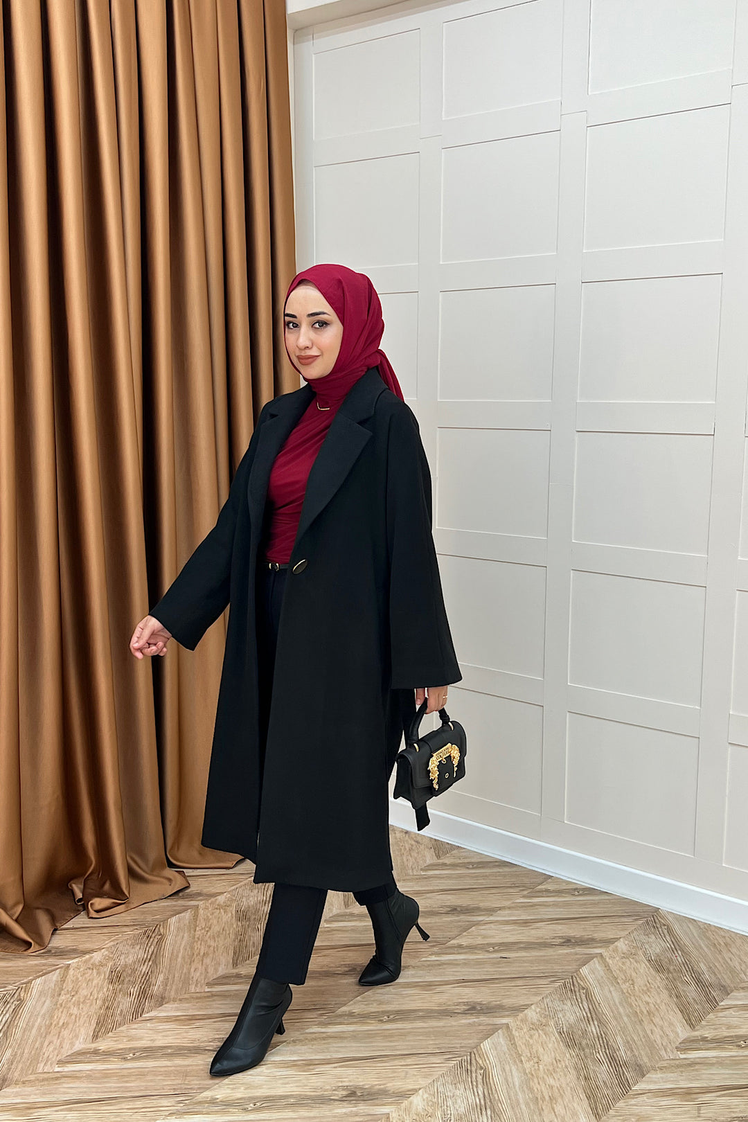 Yıldız Premium Kumaş Kuşaklı Kaban Siyah 5515-SIYAH