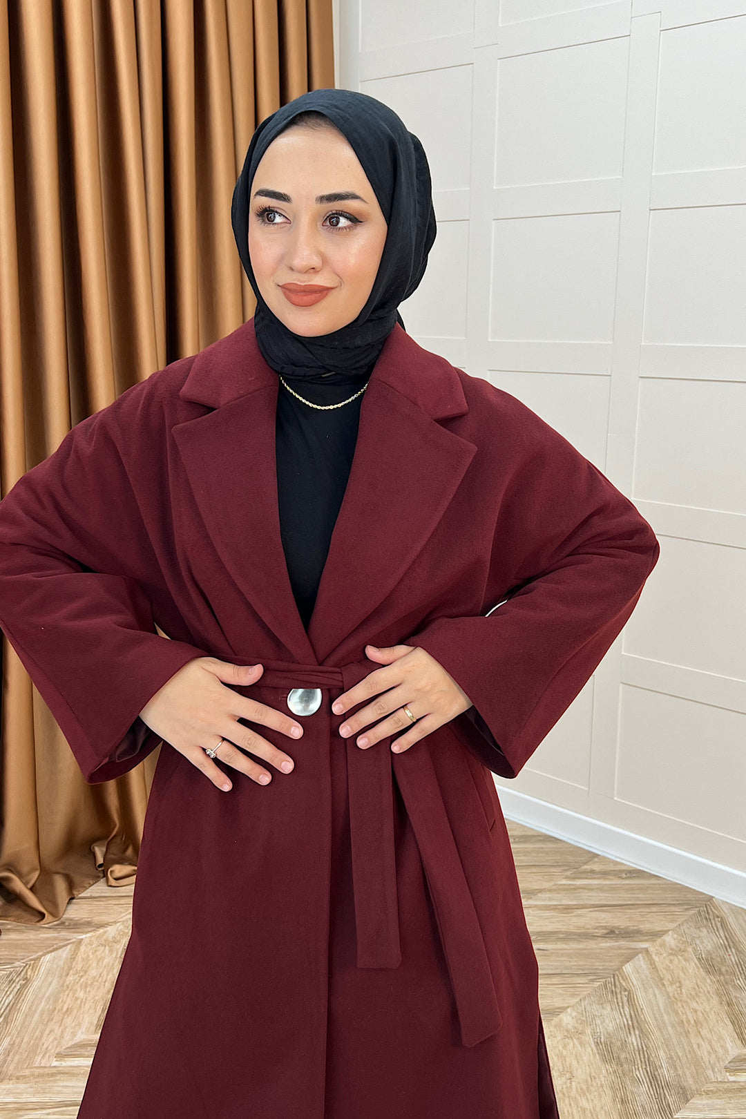 Yıldız Premium Kumaş Kuşaklı Kaban Bordo 5515-BORDO