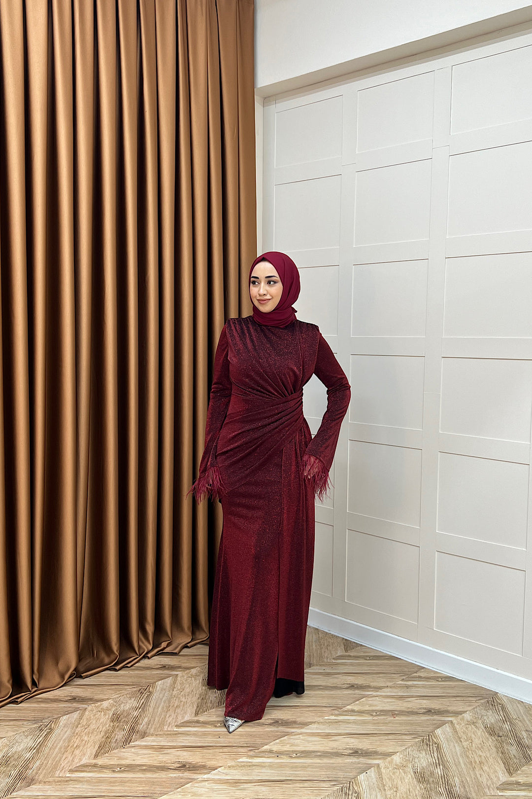Rosalin Tüy Detay Abiye Bordo 3088-BORDO