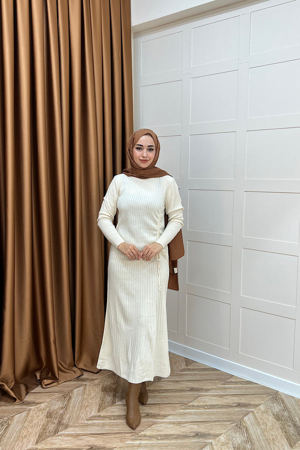 Yandan Büzgülü Triko Elbise Ekru 24870-EKRU