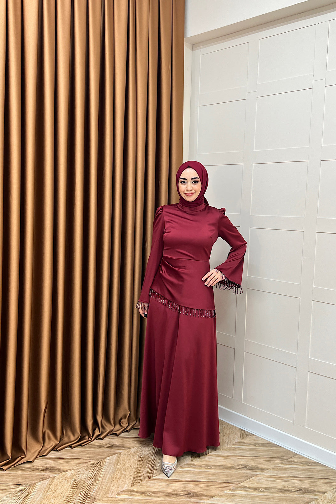 Ayla Saten Abiye Bordo 3093-BORDO