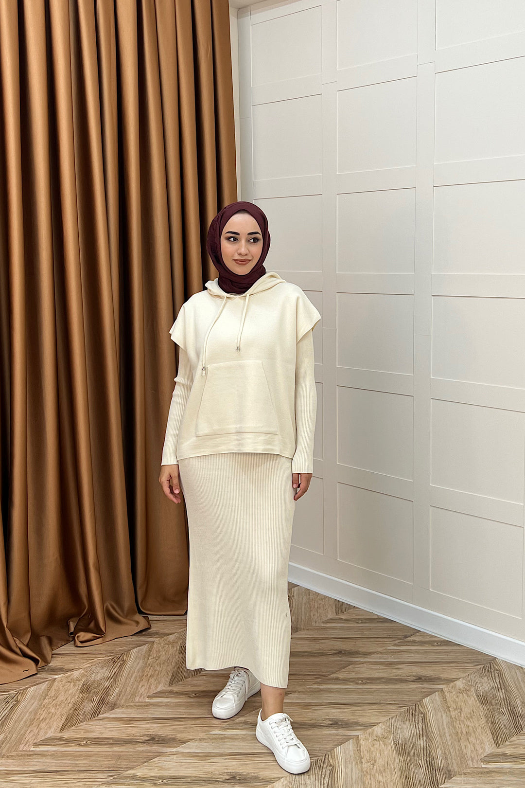 Üst Kapüşonlu İkili Triko Elbise Krem 25290-KREM