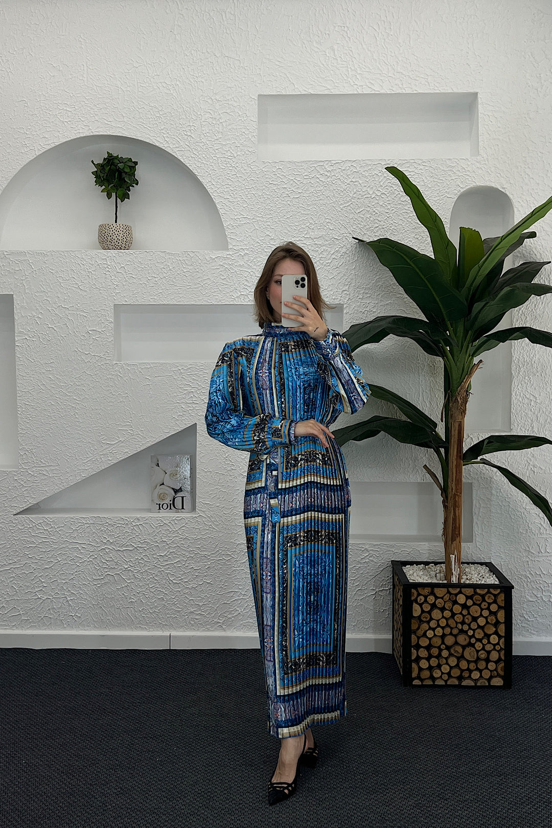 Hayal Piliseli Saten Elbise Mavi 9008-MAVI