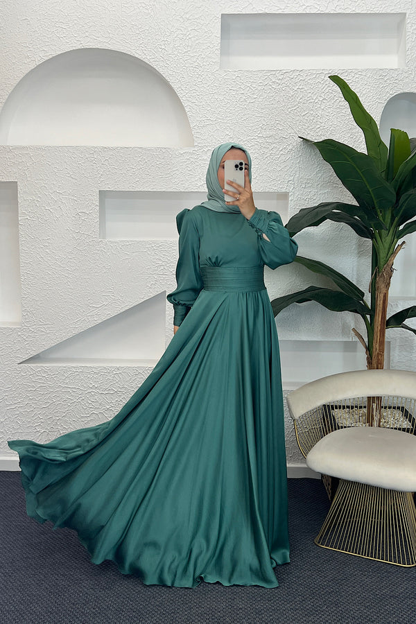 Beli Piliseli Saten Abiye Yeşil 04340-YESIL