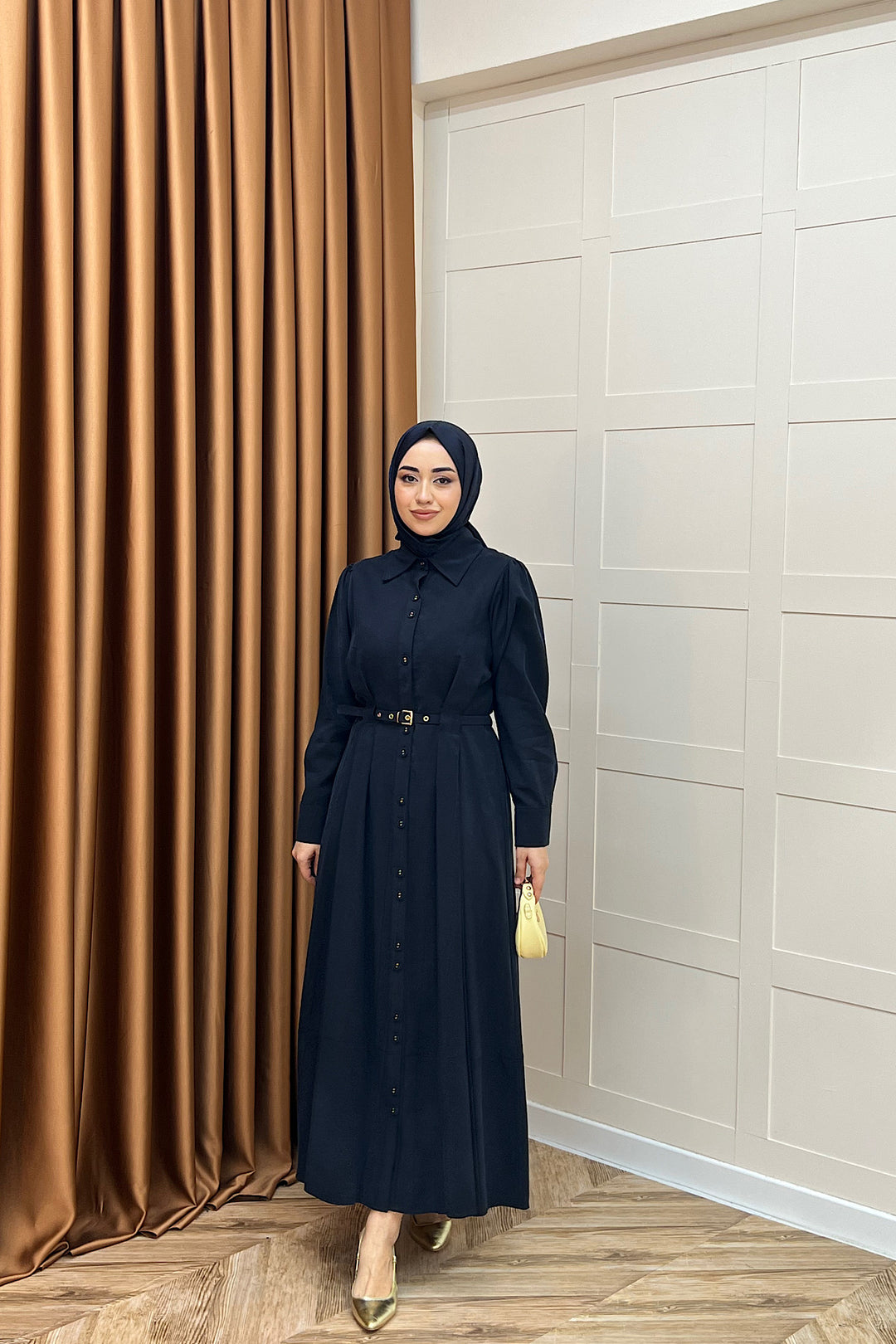 Nisa Boydan Düğmeli Elbise Lacivert 3000-LACIVERT