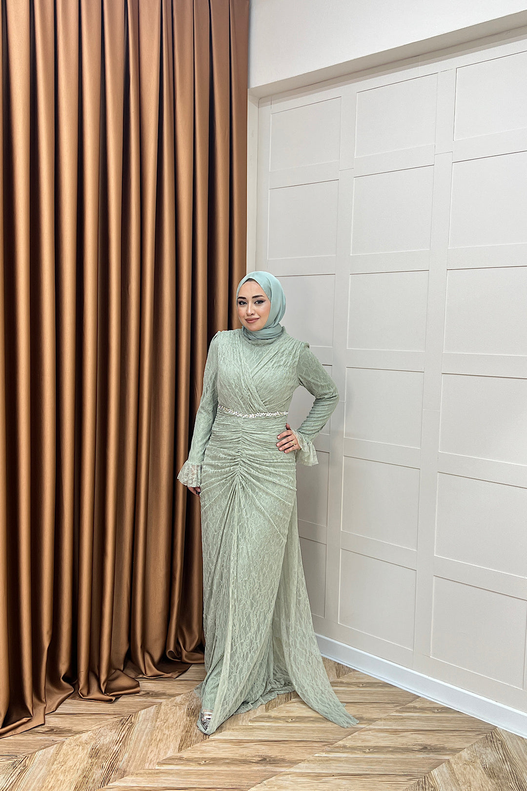 Sofia Taş Detay Dantel Abiye Mint 3108-MINT