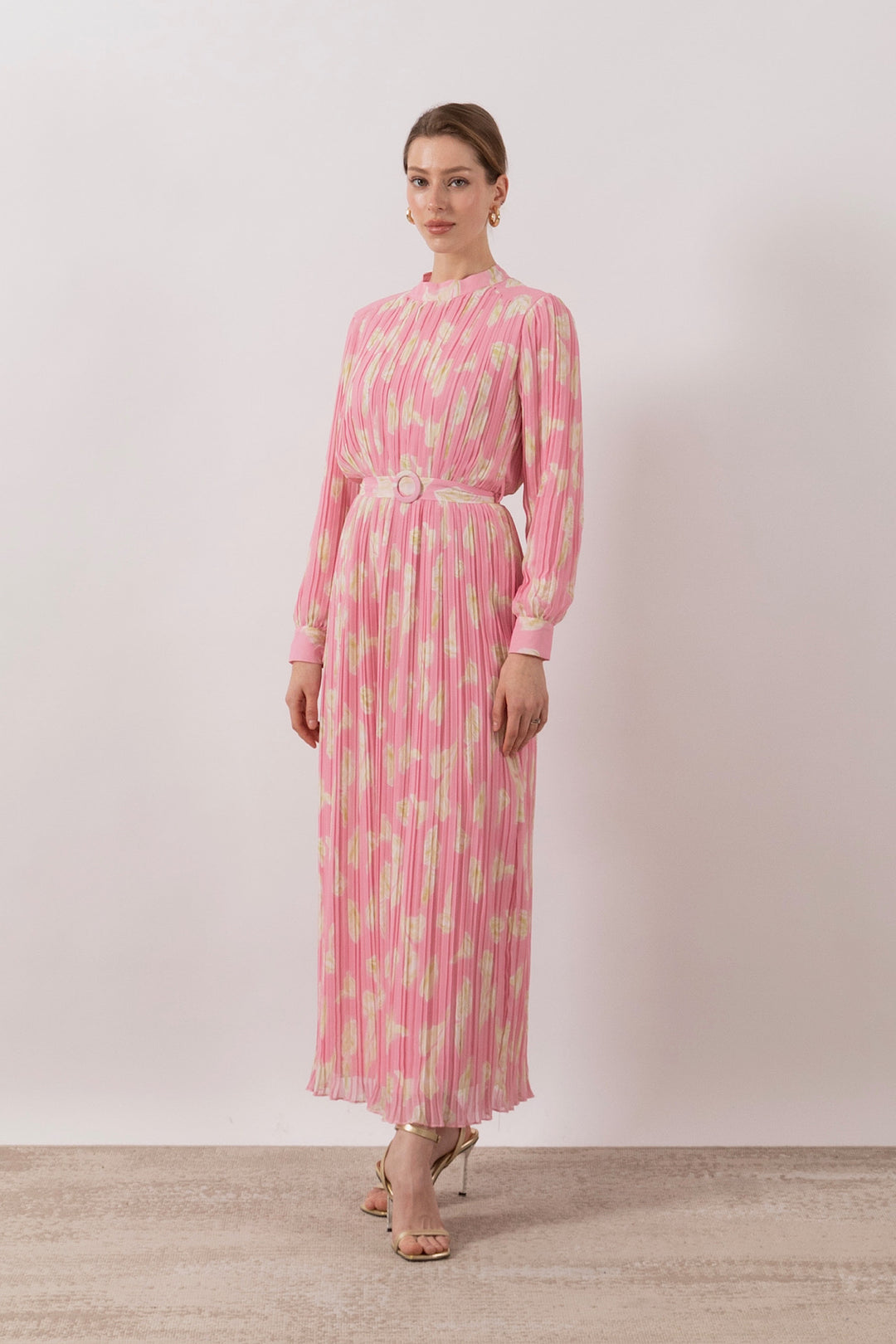 Belise Piliseli Şifon Elbise Pembe 3031-PEMBE