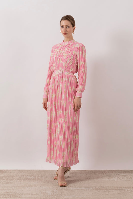 Belise Piliseli Şifon Elbise Pembe 3031-PEMBE