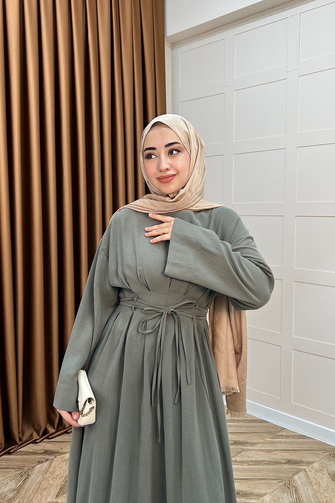 Belden Bağlamalı Cupra Elbise Yeşil 5013-YESIL