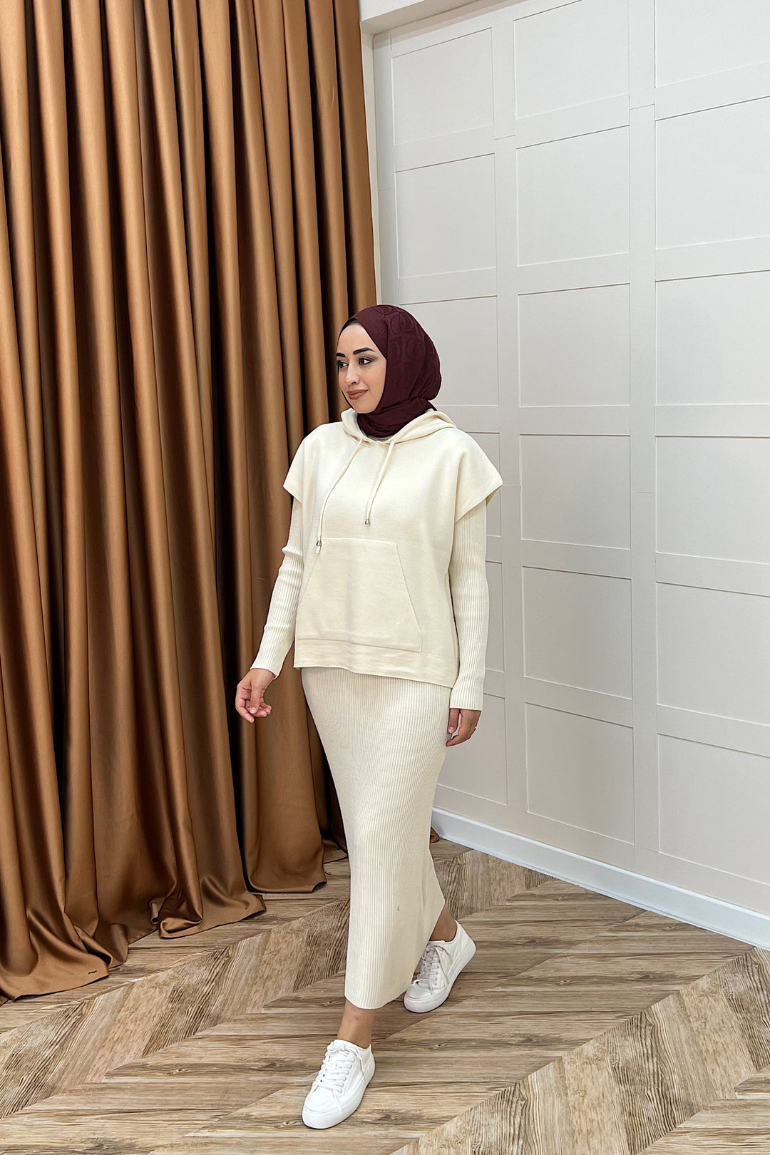 Üst Kapüşonlu İkili Triko Elbise Krem 25290-KREM