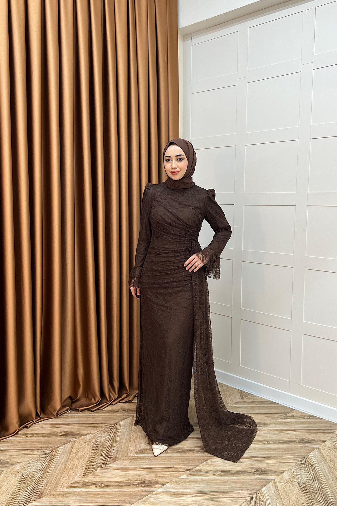 Serena Dantel Balık Abiye Kahverengi 3082-KAHVERENGI