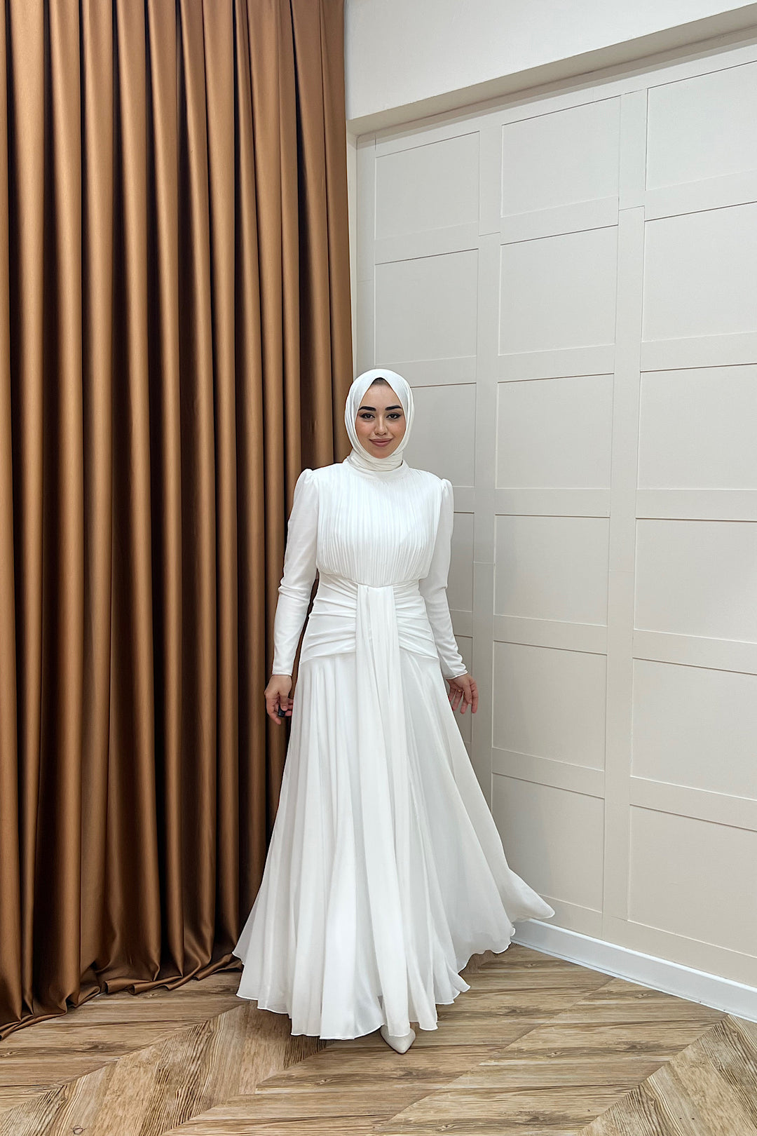 Elanor Bel Detay Şifon Abiye Beyaz 3092-BEYAZ