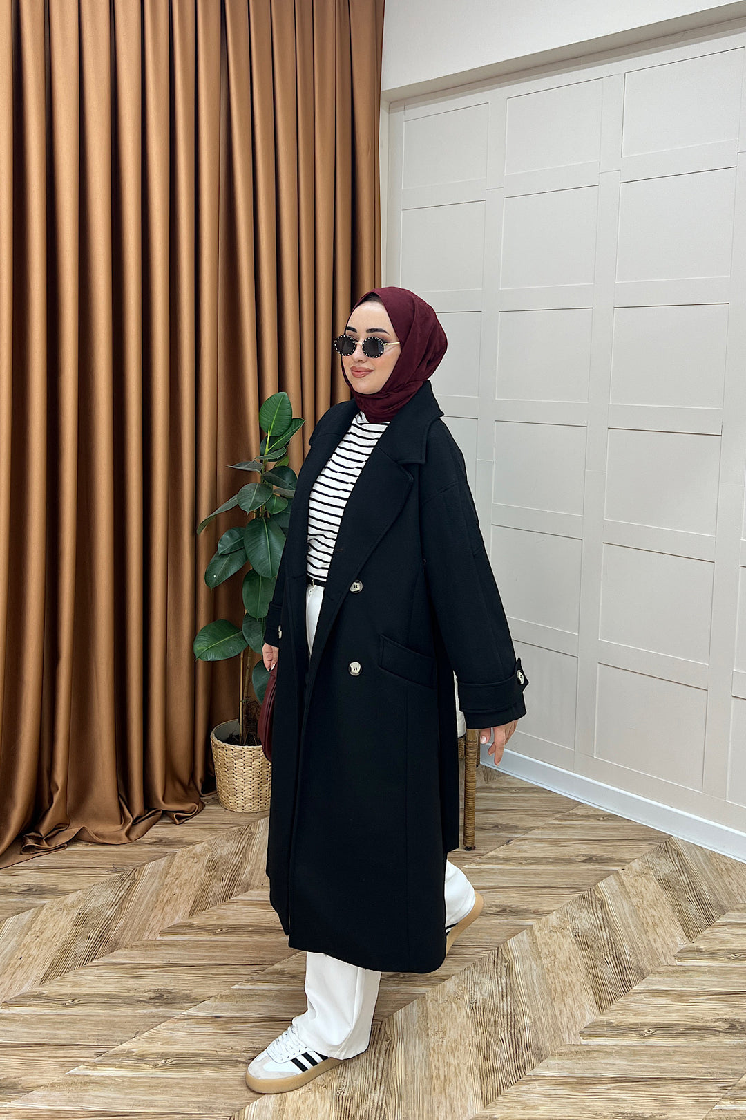 Lara Kuşaklı Kaşe Kaban Siyah 5541-SIYAH