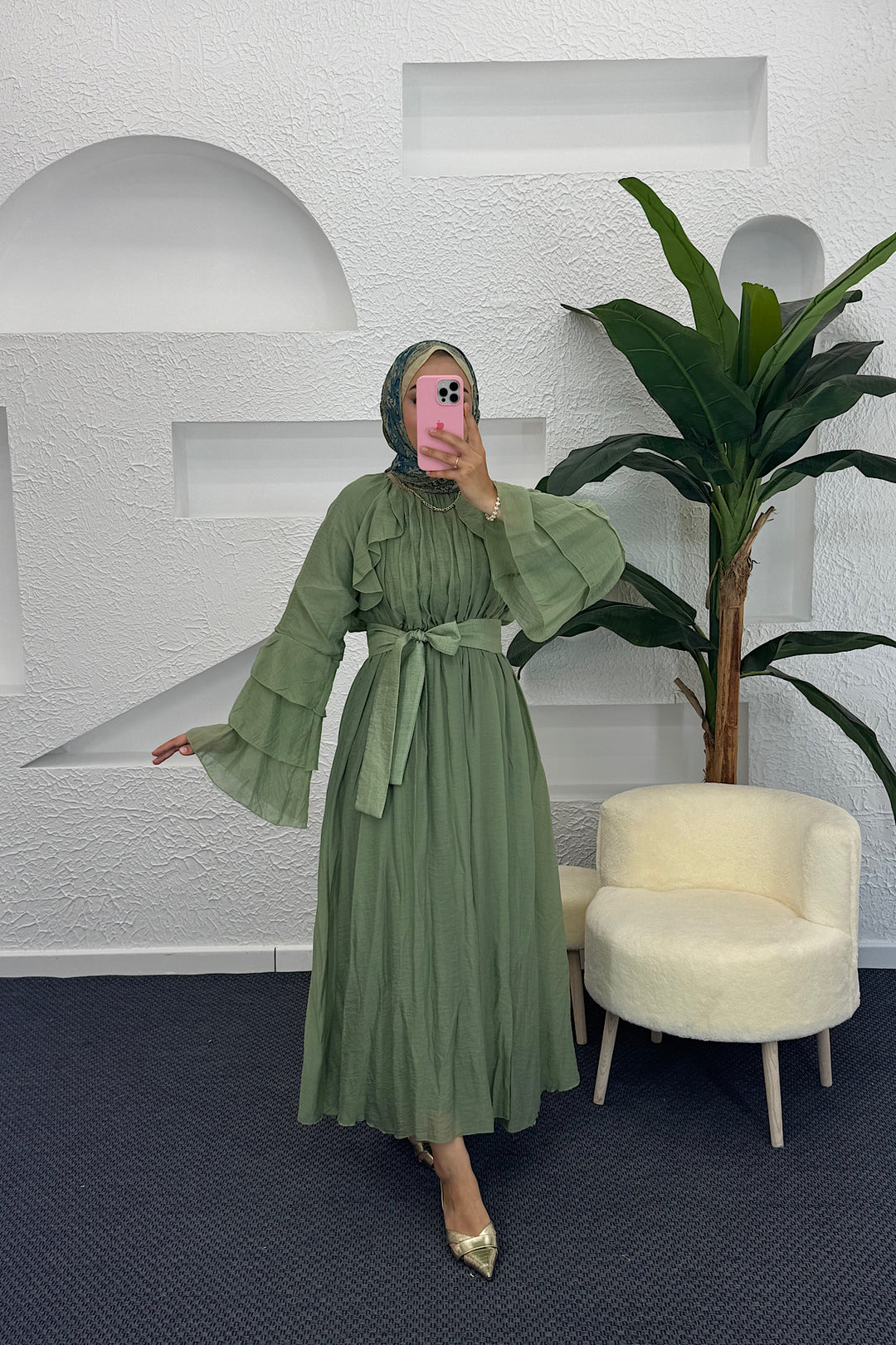 Lio Fırfır Detay Elbise Çağla Yeşili 3370-ÇAGLAYESILI