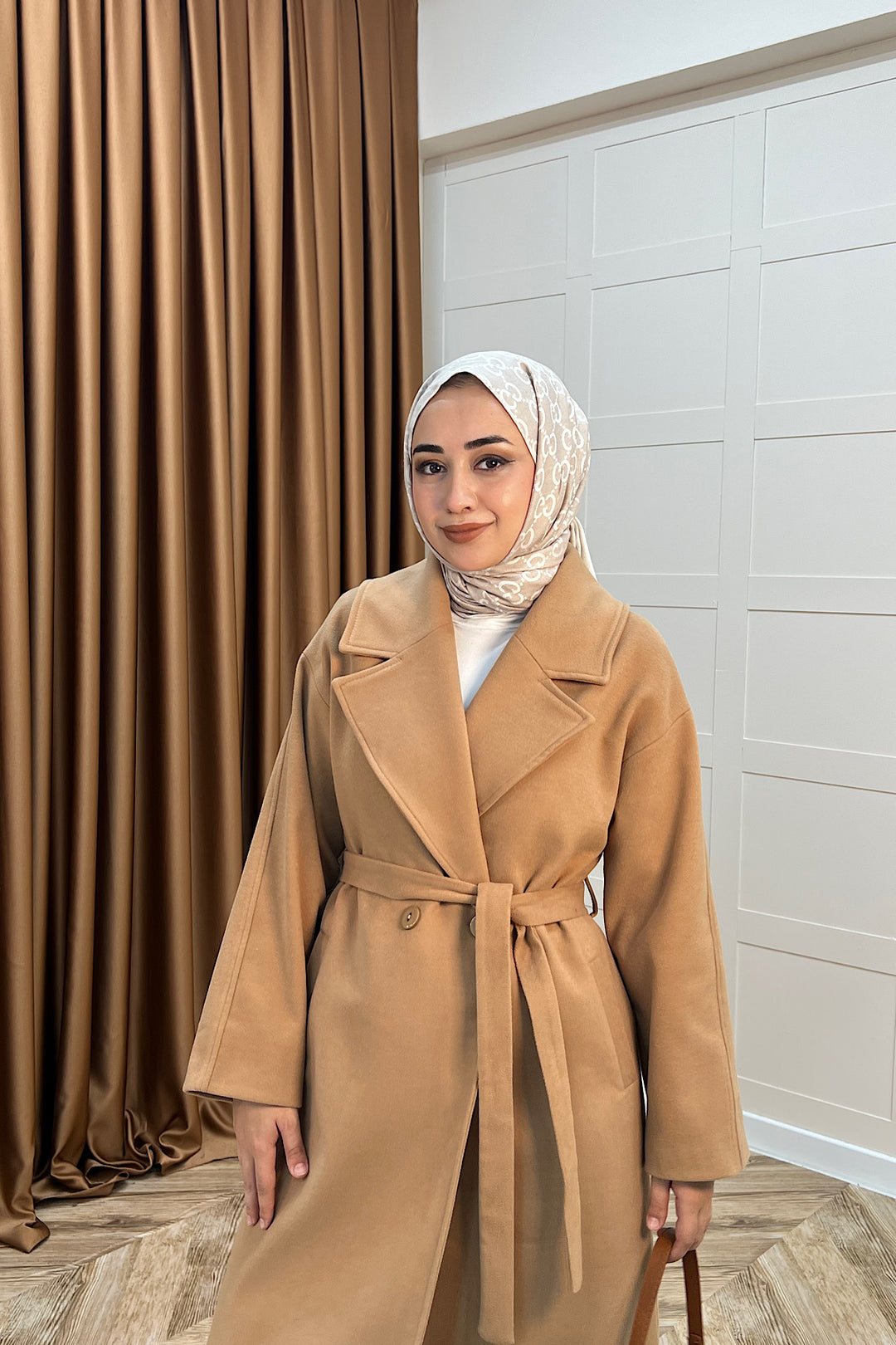 Retro Premium Kumaş Uzun Kaşe Kaban Camel 5509-CAMEL