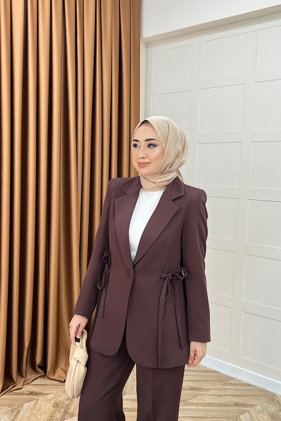 Zeina Bel Detay Ceketli Takım Kahverengi 06202-KAHVERENGI