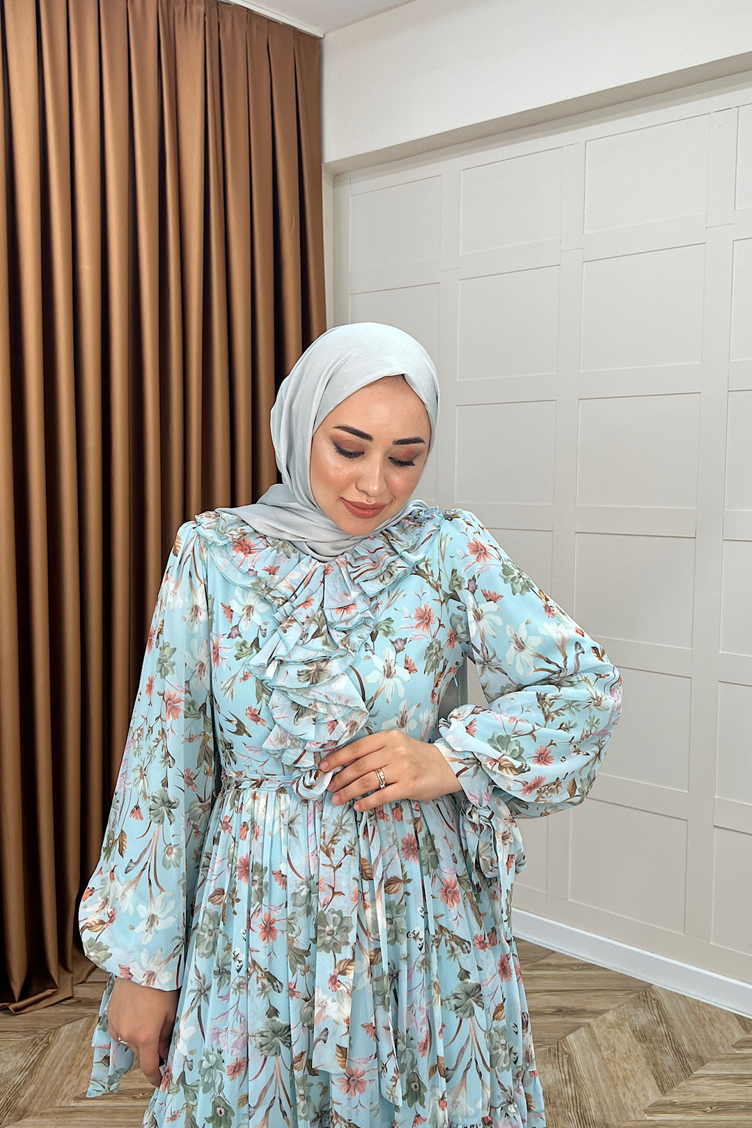 Loreno Yaka Detay Elbise Mavi 03054-MAVI