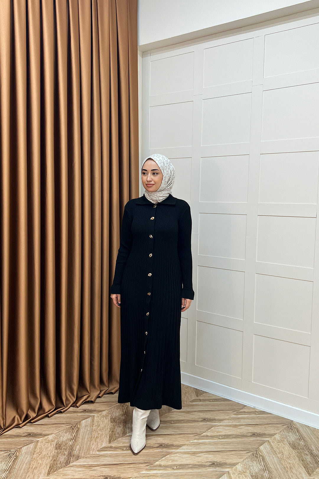 Endam Düğmeli Triko Elbise Siyah 10201-SIYAH