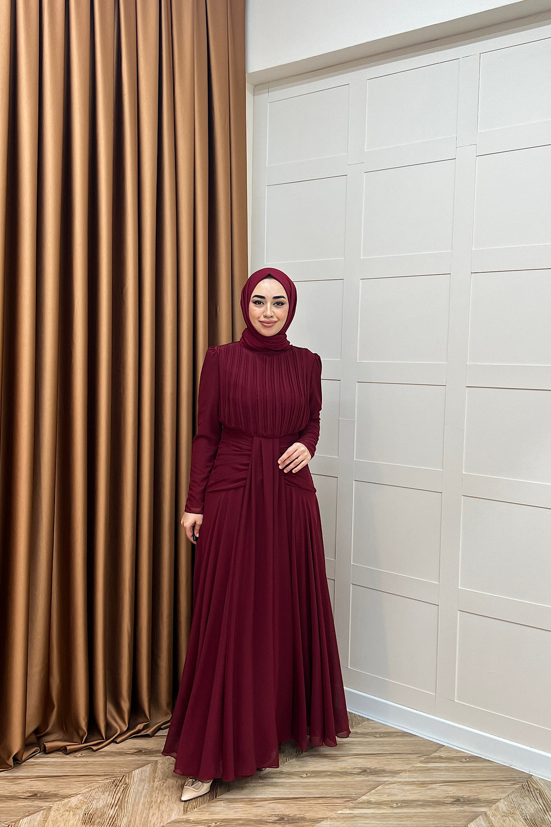 Elanor Bel Detay Şifon Abiye Bordo 3092-BORDO