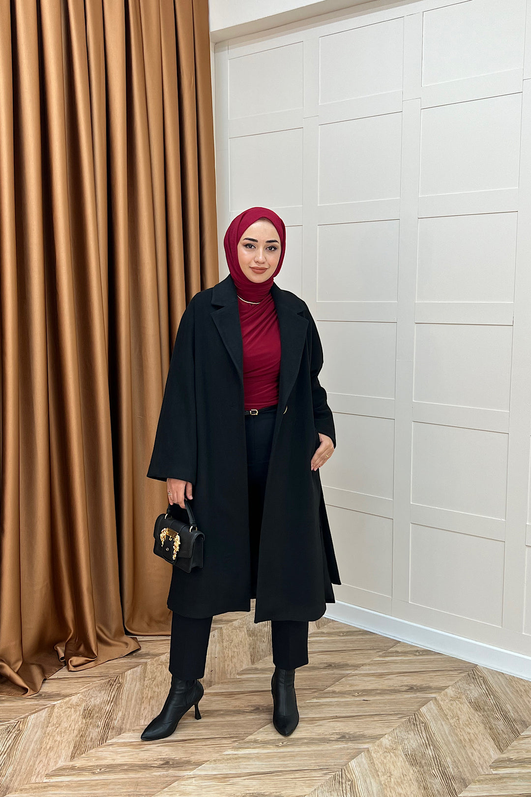 Yıldız Premium Kumaş Kuşaklı Kaban Siyah 5515-SIYAH