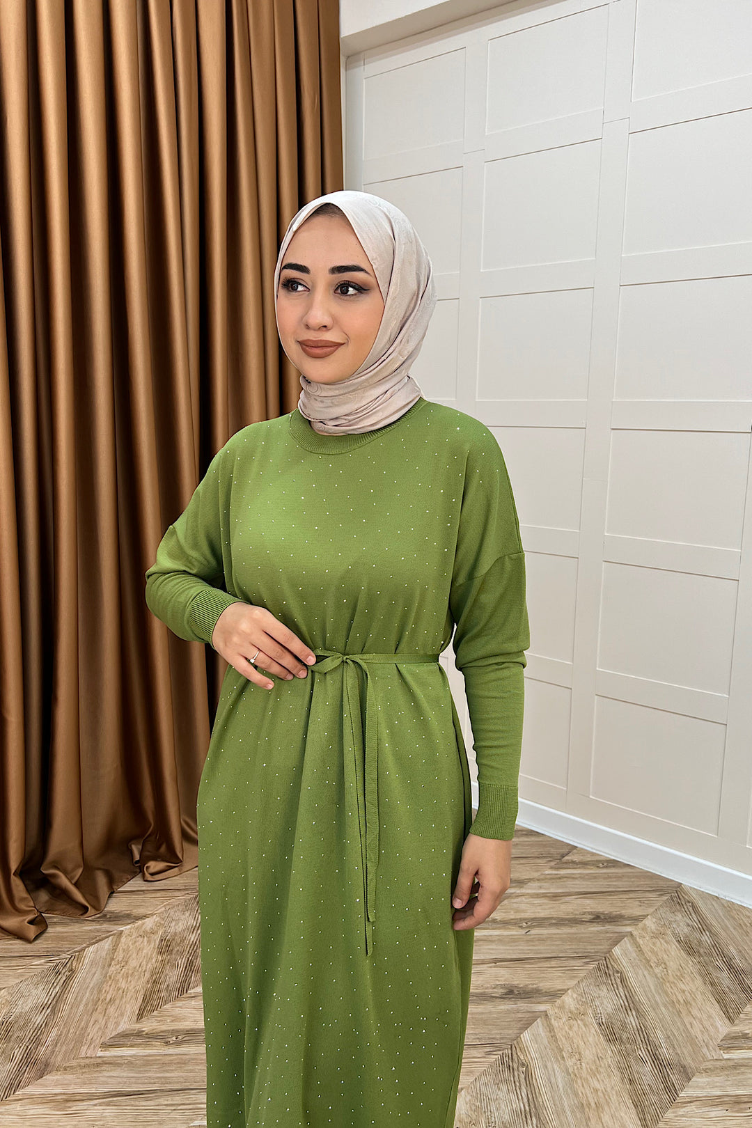 Mabel Taşlı Triko Elbise Yağ Yeşili 25270-YAGYESILI