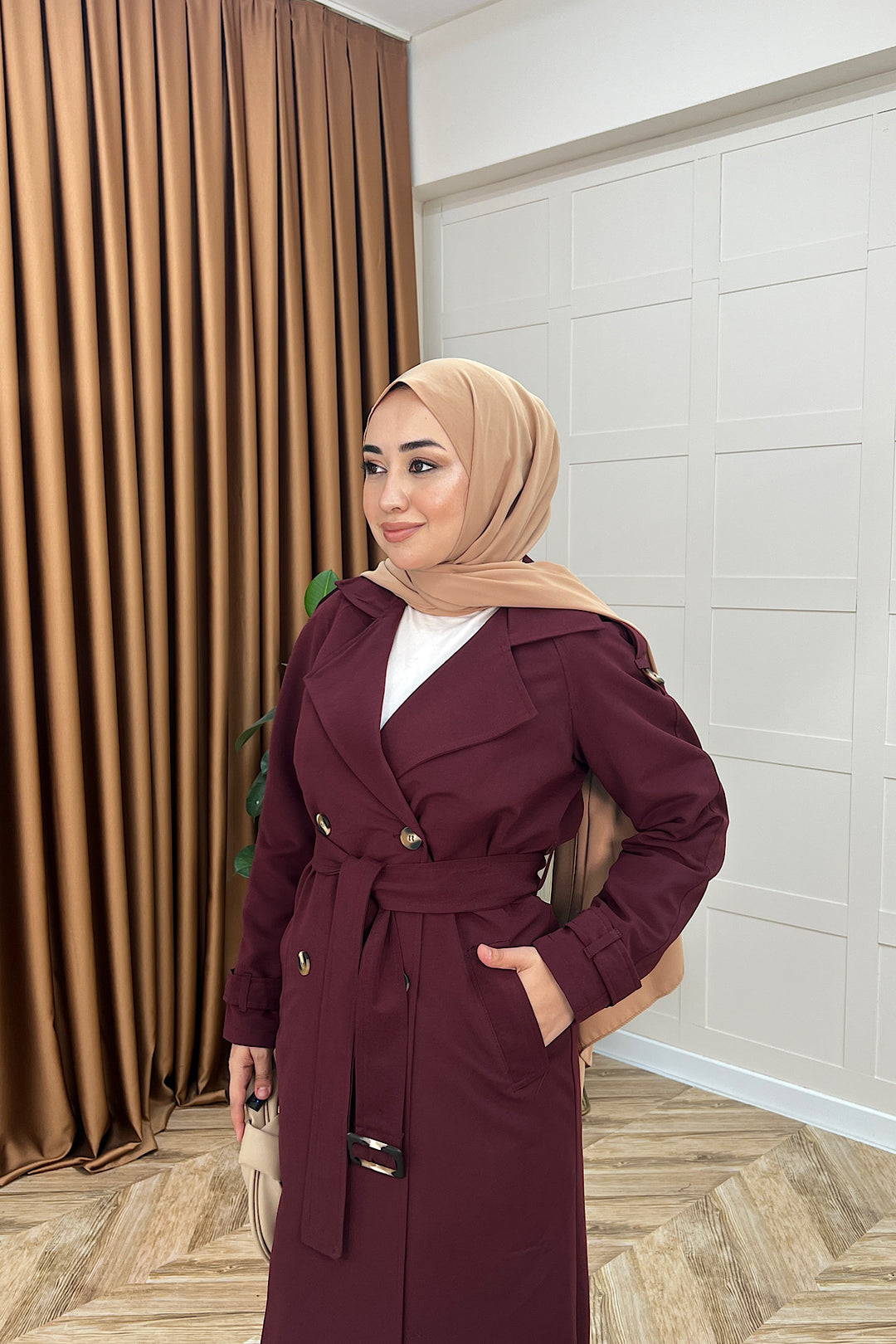 Pamella Kuşaklı Trençkot Bordo 5533-BORDO