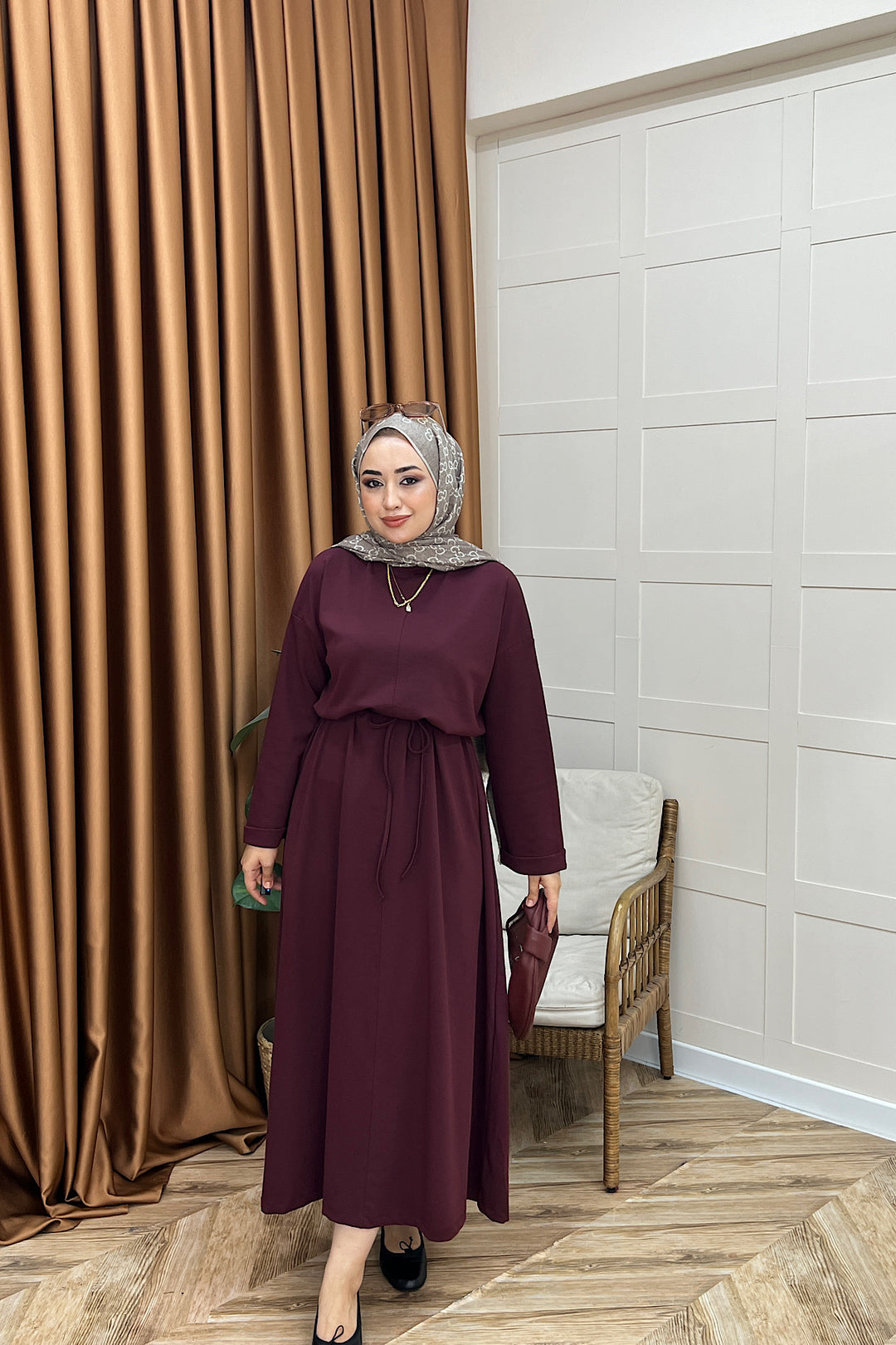 Aura Kuşaklı Elbise Bordo 3138-BORDO