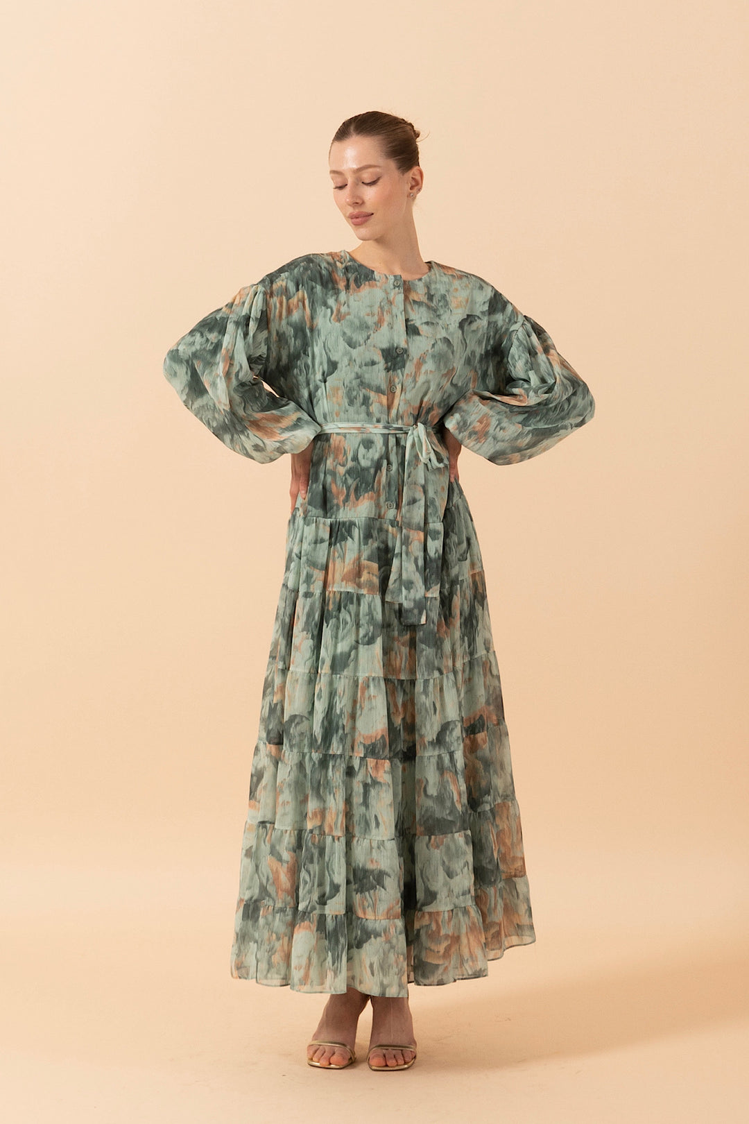 Lily Rüya Desen Şifon Elbise Yeşil 3037-YESIL