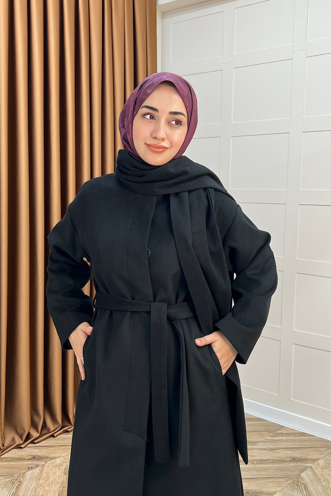 Siena Atkı Detay Kaşe Kaban Siyah 5530-SIYAH