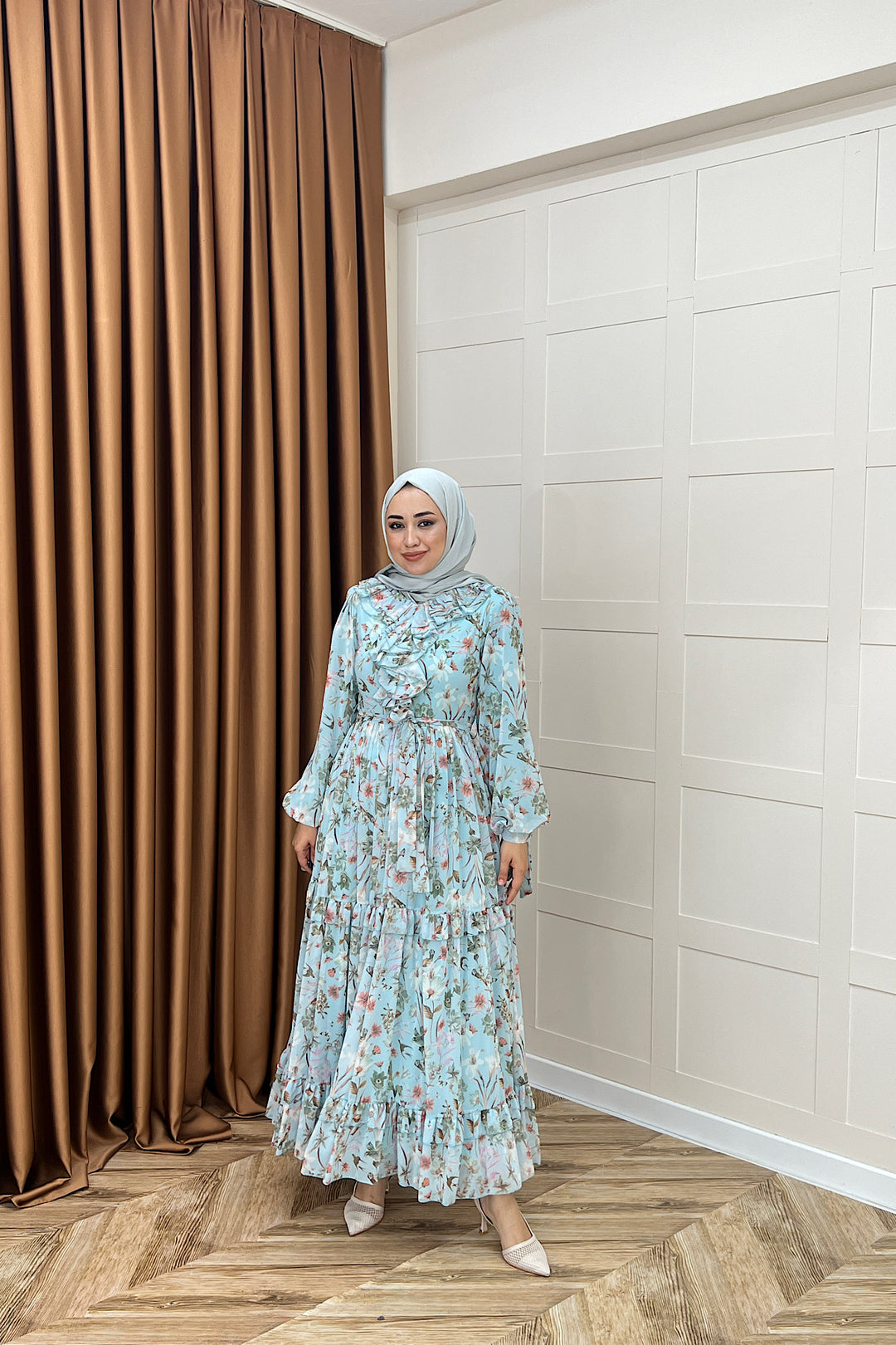 Loreno Yaka Detay Elbise Mavi 03054-MAVI