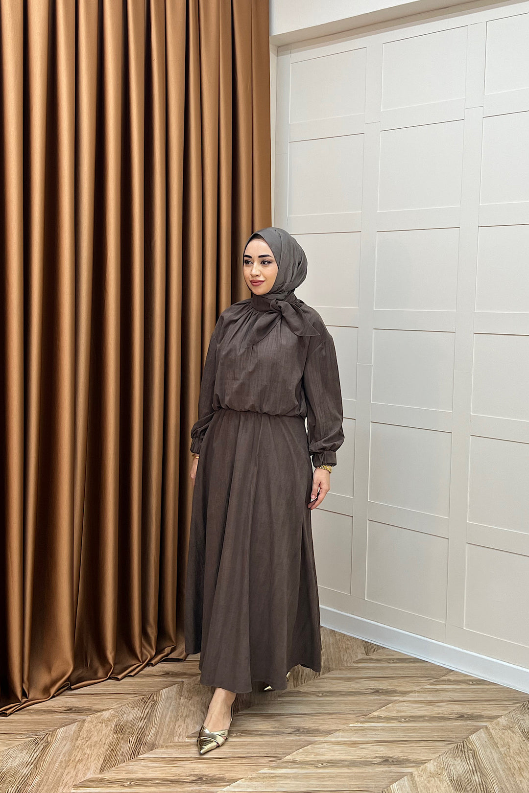 Luna Yaka Fularlı Etek Takım Kahverengi 3183-KAHVERENGI