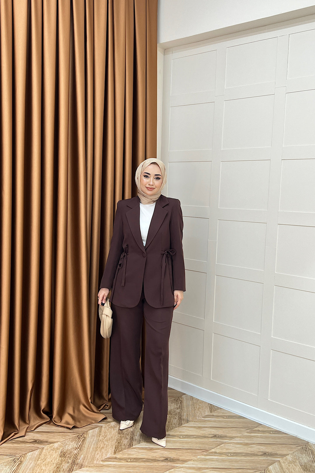Zeina Bel Detay Ceketli Takım Kahverengi 06202-KAHVERENGI