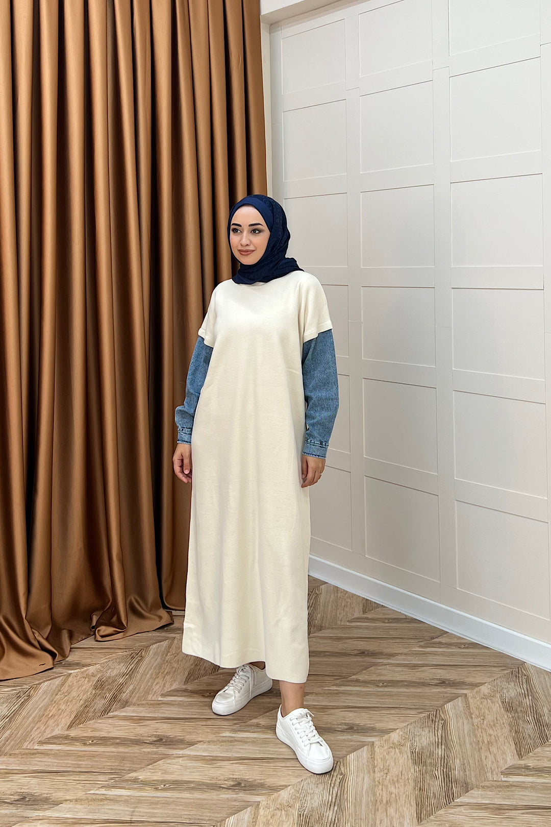 Kolları Kot Detay Triko Elbise Ekru 241200-EKRU