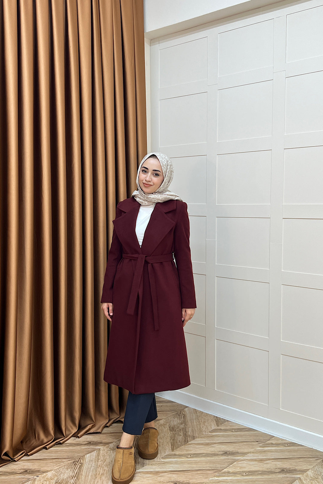 Premium Kuşaklı Kaşe Kaban Bordo 5510-BORDO