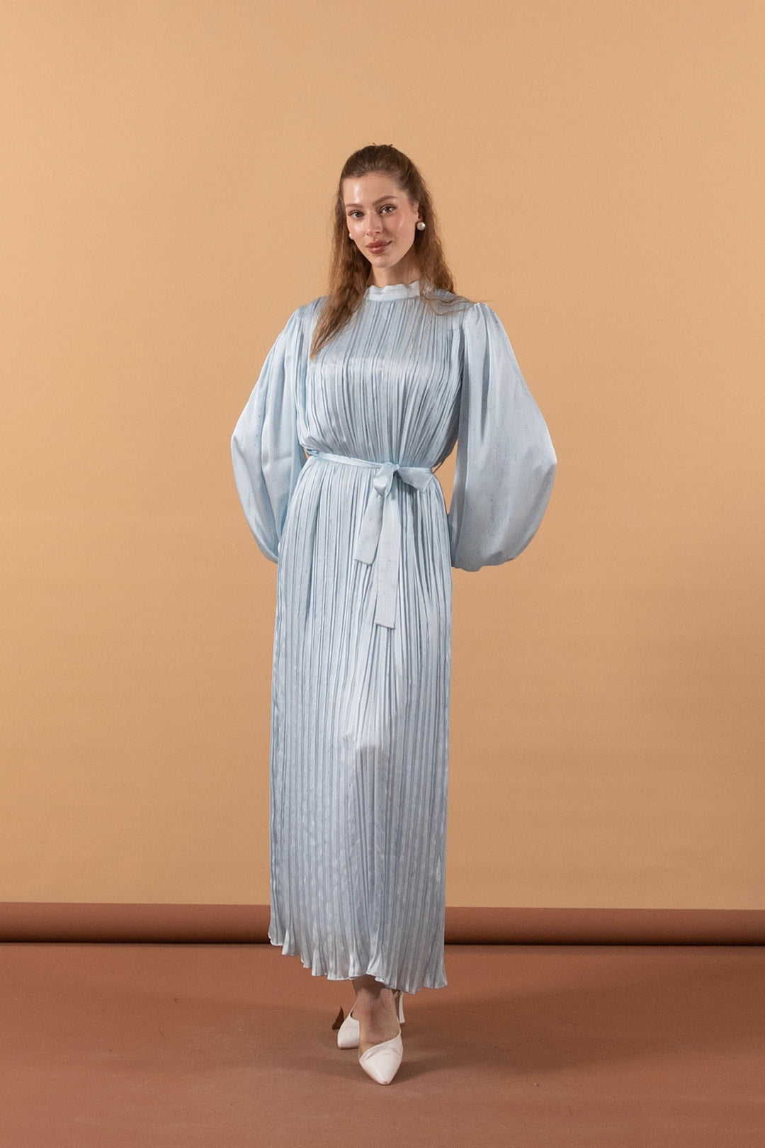 Pileli Saten Elbise Mavi 3003-MAVI