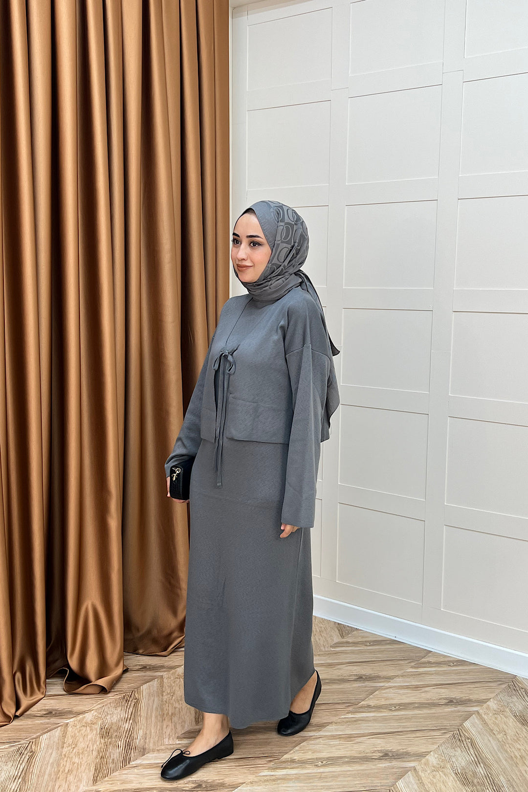 Ester Croplu İkili Triko Elbise Gri 25160-GRİ