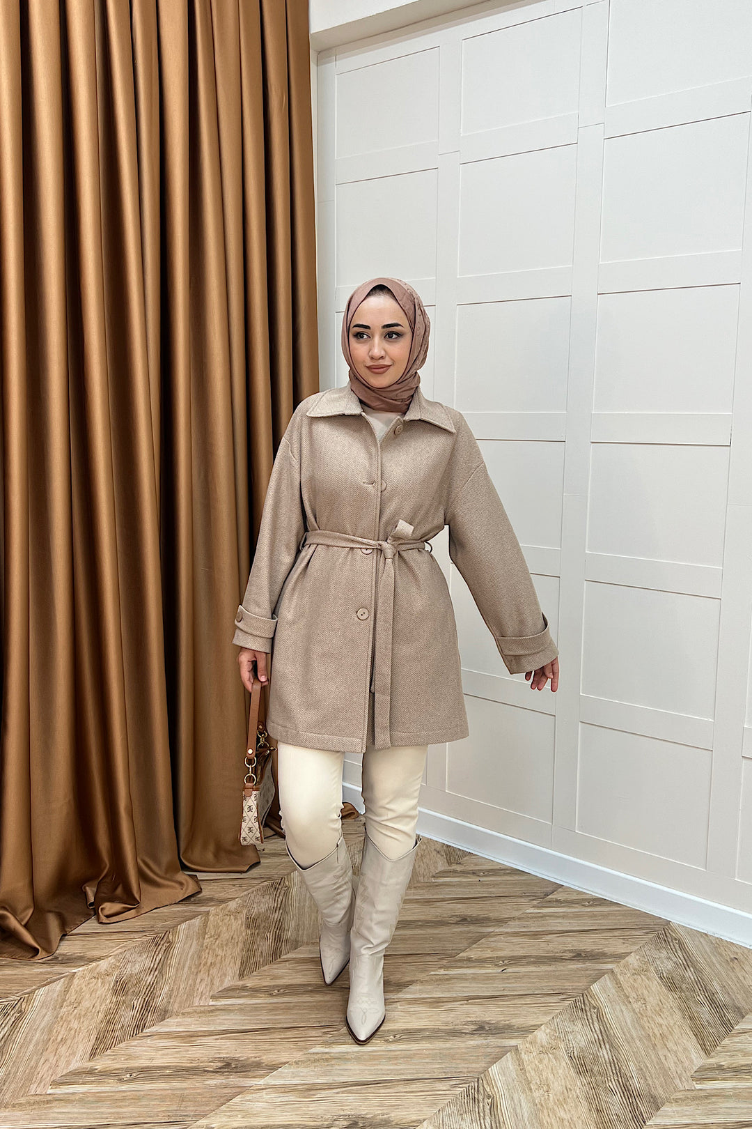 Bensu Kuşaklı Kaşe Kaban Kahverengi 5518-KAHVERENGI