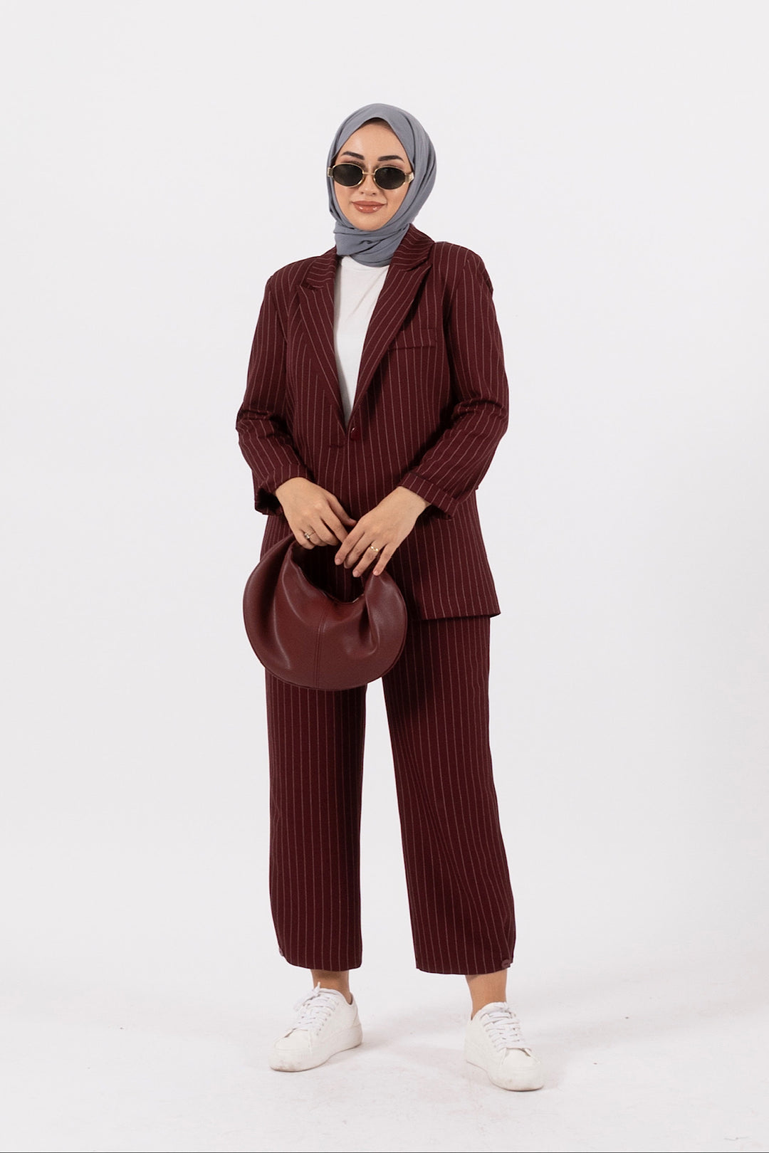 Paça Detay Çizgili Takım Bordo 24K6183-BORDO