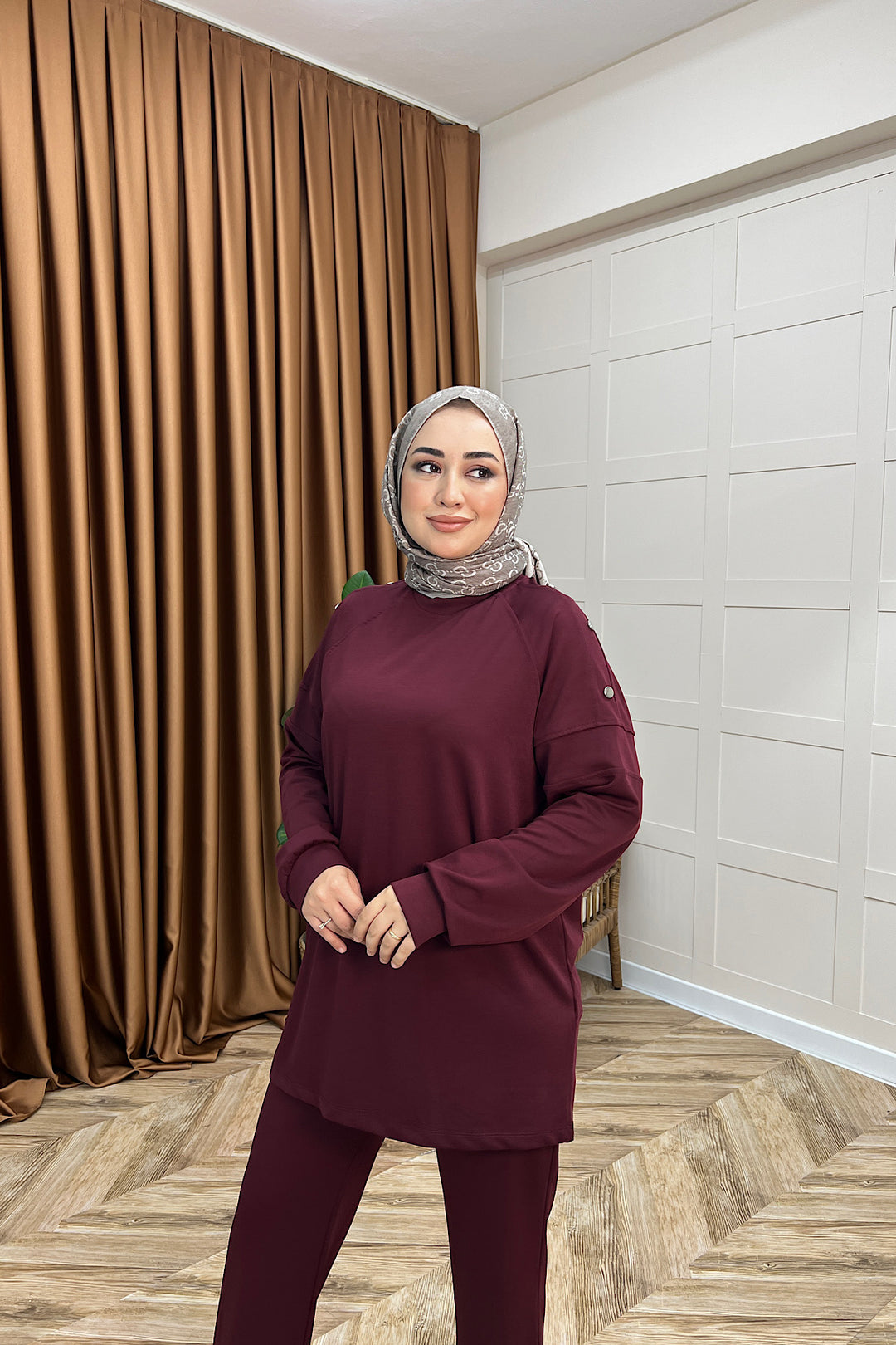 Luna Omuz Düğme Detay İkili Takım Bordo 3139-BORDO