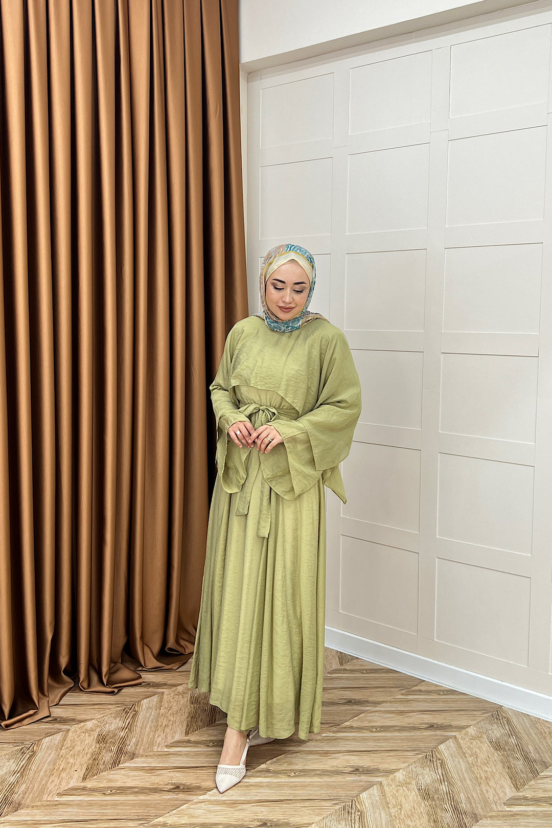 Bella Pelerin Detay Elbise Yeşil 8054-YESIL