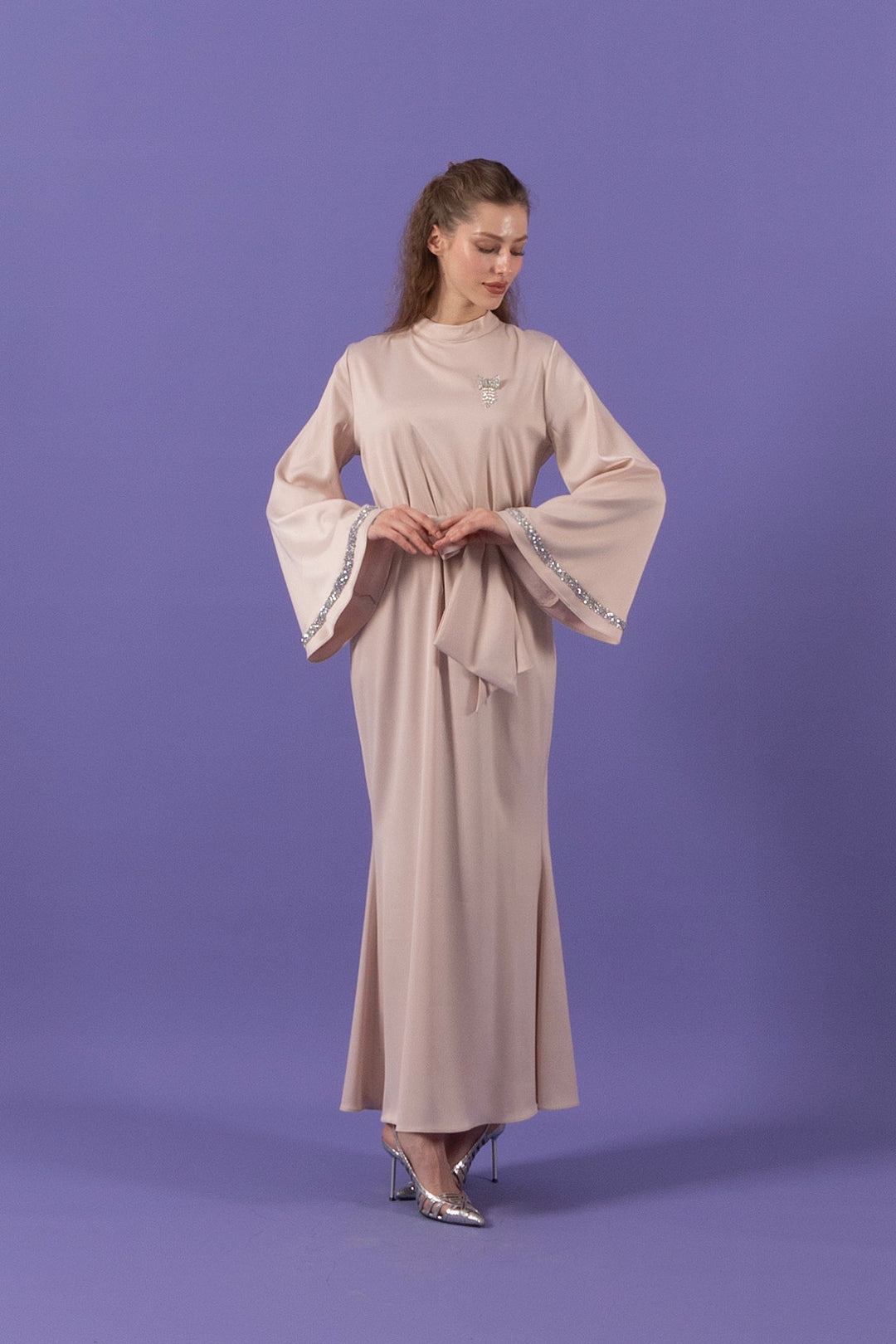 Kolları Taş Detay Saten Abiye Krem 3011-KREM