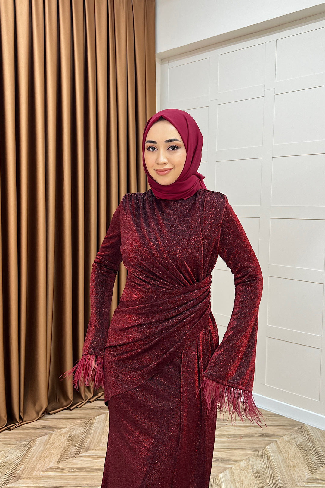 Rosalin Tüy Detay Abiye Bordo 3088-BORDO