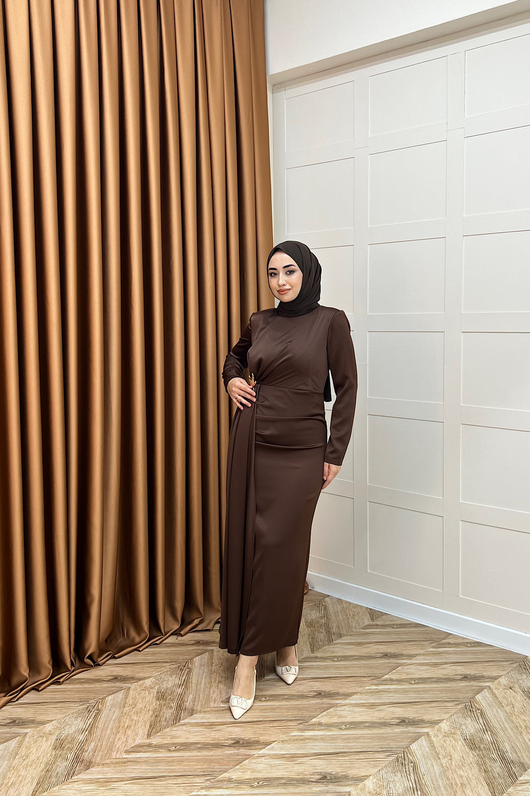 Hazel Saten Abiye Kahverengi 3084-KAHVERENGI