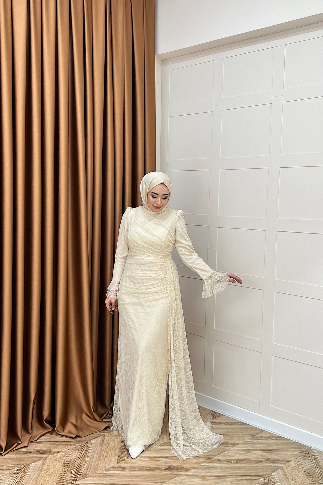 Serena Dantel Balık Abiye Krem 3082-KREM