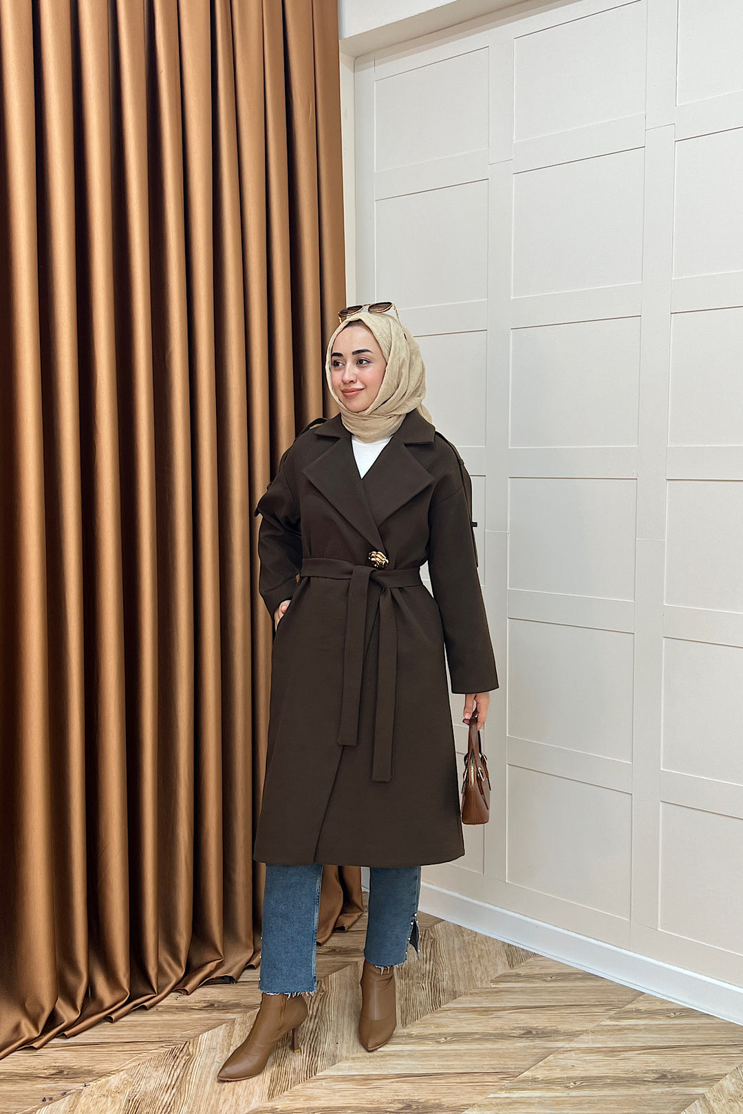 Parya Omuz Detay Kaşe Kaban Kahverengi 5531-KAHVERENGI