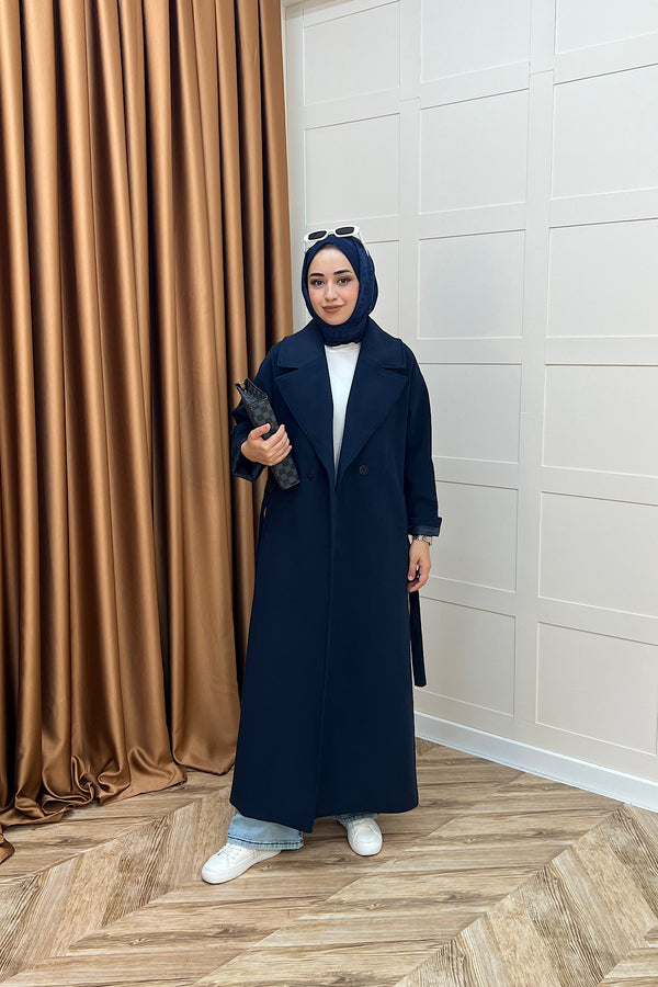 Retro Premium Kumaş Uzun Kaşe Kaban Lacivert 5509-LACIVERT